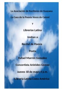 Invitación a recital de poesía con el poeta Rafael Marrón Gonzáles 18  de mayo 4 pm